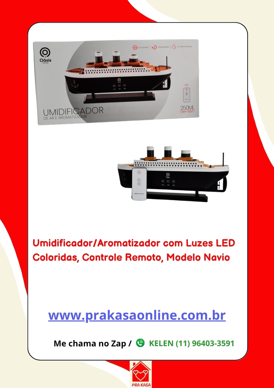 Umidificador/Aromatizador com Luzes LED Coloridas com Controle Remoto - Modelo Navio