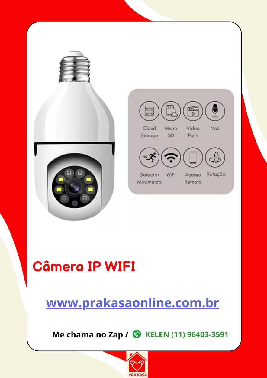 Câmera wifi ip sem fio giratória 360º com encaixe lampada bocal rosca full HD visão noturna segurança - Bivolt