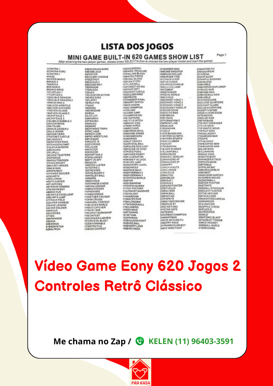 Video Game Super Mini 620 Jogos Retro 8 Bits 2 Controles Nitendo