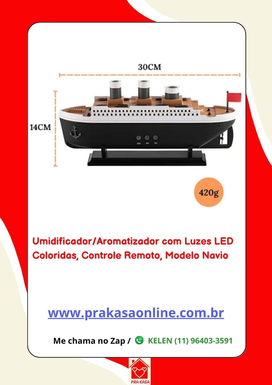 Umidificador/Aromatizador com Luzes LED Coloridas com Controle Remoto - Modelo Navio