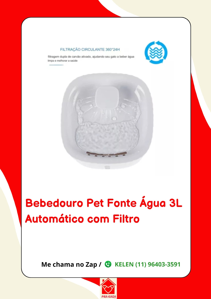 Bebedouro Fonte de Água Elevado Automático com Filtro para Pet - 3L