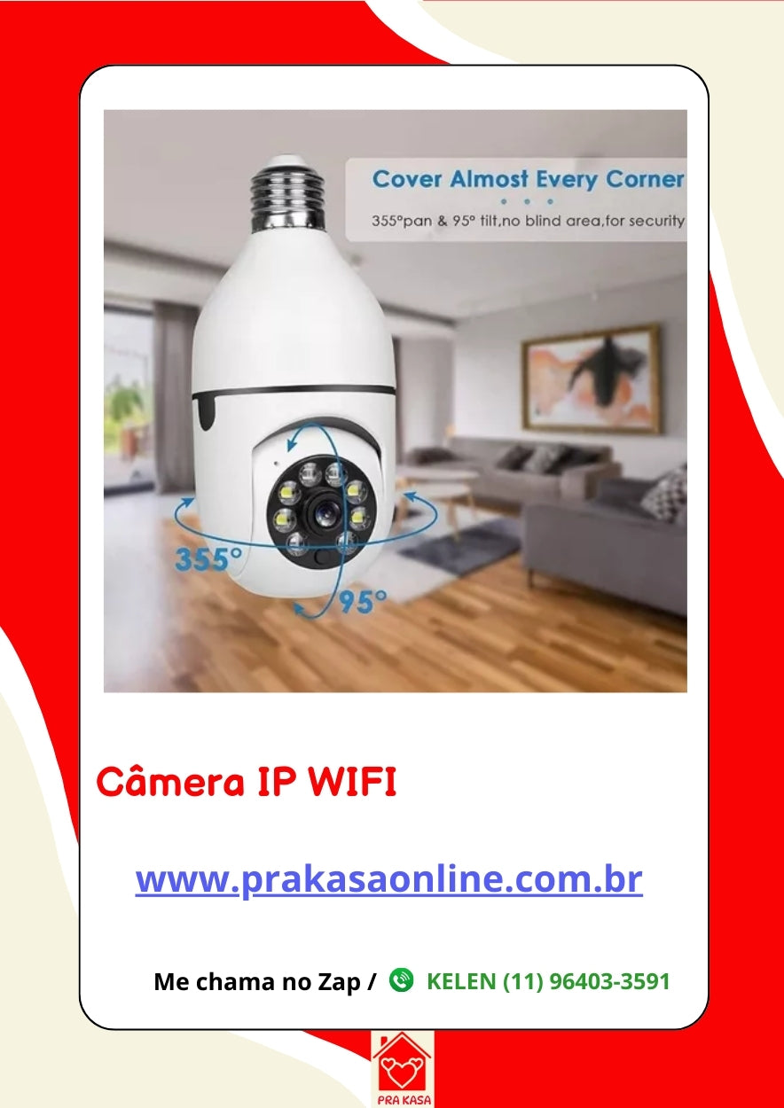 Câmera wifi ip sem fio giratória 360º com encaixe lampada bocal rosca full HD visão noturna segurança - Bivolt