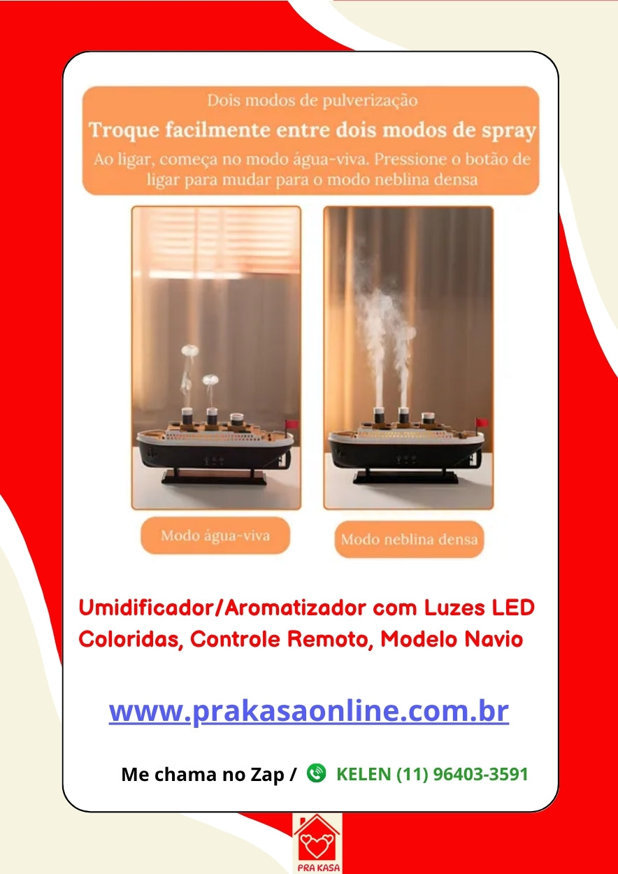 Umidificador/Aromatizador com Luzes LED Coloridas com Controle Remoto - Modelo Navio