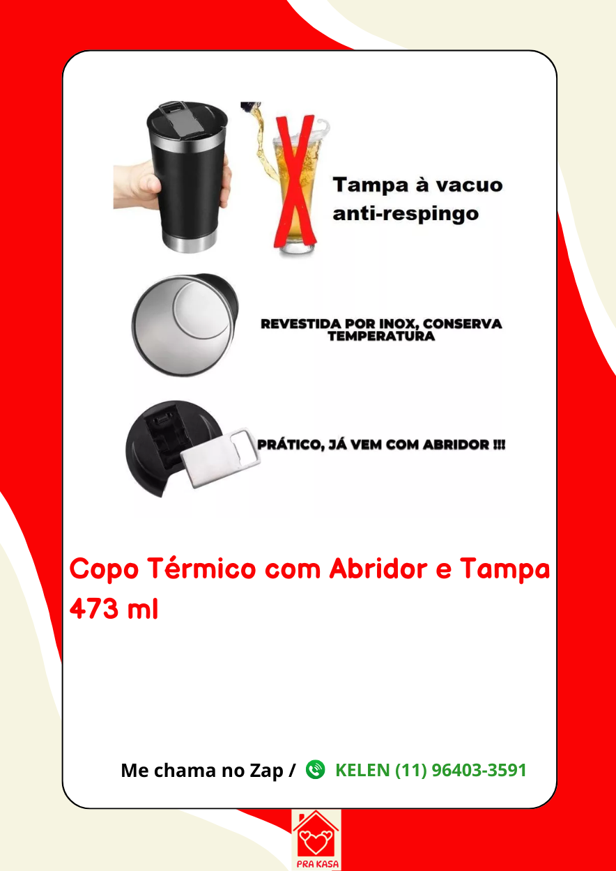 Copo Térmico para Cerveja Café Chá Chopp 473ml Com Tampa e Abridor