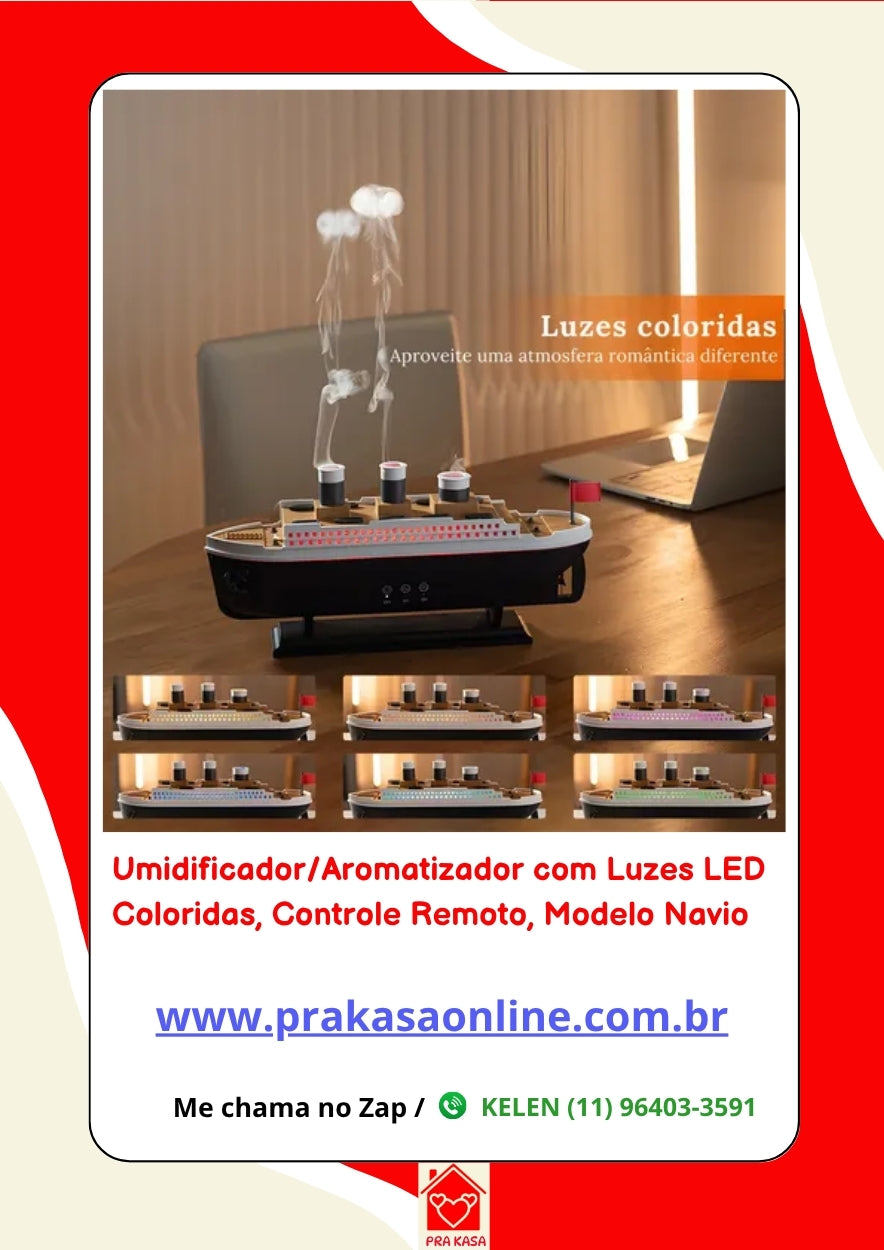 Umidificador/Aromatizador com Luzes LED Coloridas com Controle Remoto - Modelo Navio