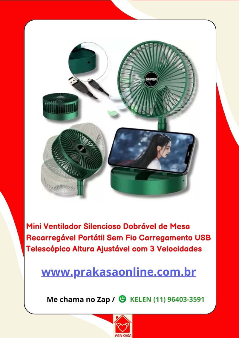 Mini Ventilador Silencioso Dobrável de Mesa Recarregável Portátil Sem Fio Carregamento USB Telescópico Altura Ajustável com 3 Velocidades