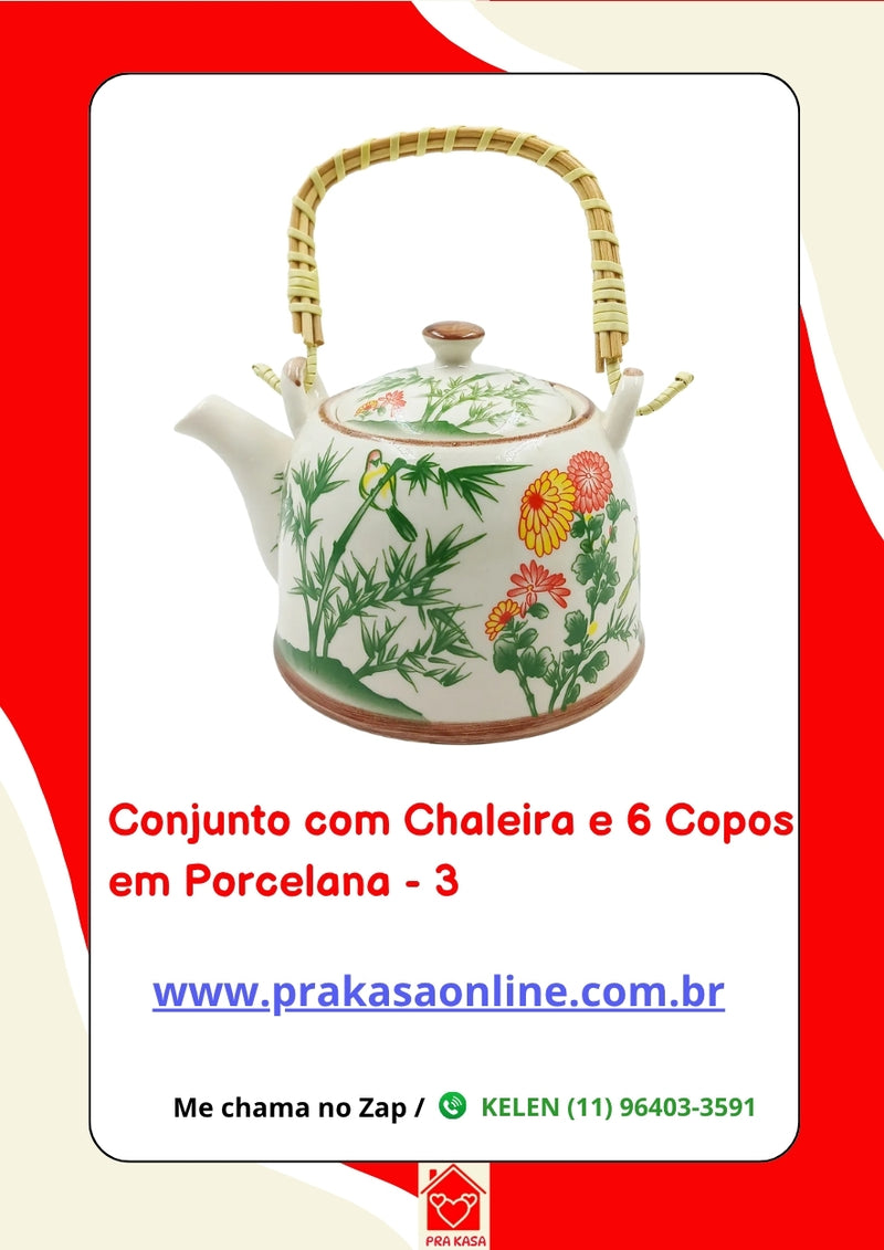 Conjunto de Chá em Porcelana Oriental 7 Peças – Chaleira 950 ml + 6 Copos 175 ml com Estampa Floral ou Oriental