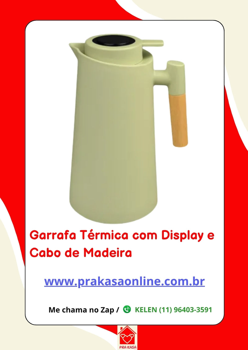 Garrafa Térmica de 1L Plástico com Cabo de Madeira e Termômetro Quente e Frio