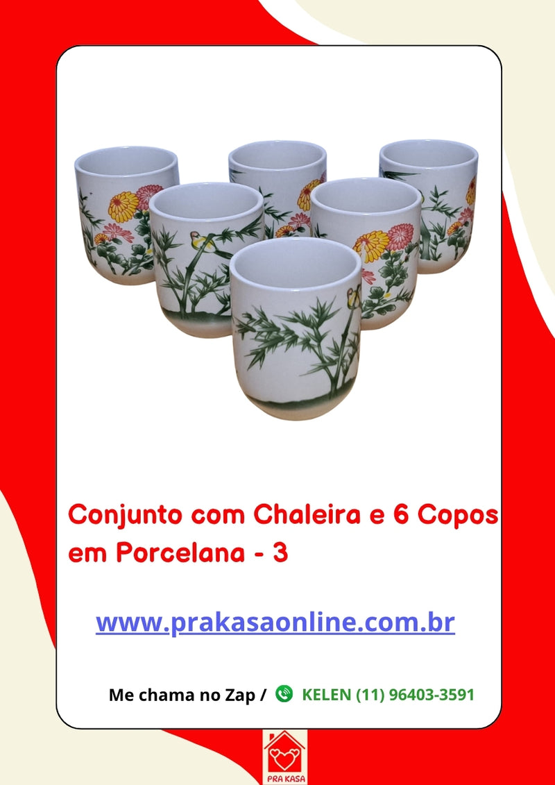 Conjunto de Chá em Porcelana Oriental 7 Peças – Chaleira 950 ml + 6 Copos 175 ml com Estampa Floral ou Oriental