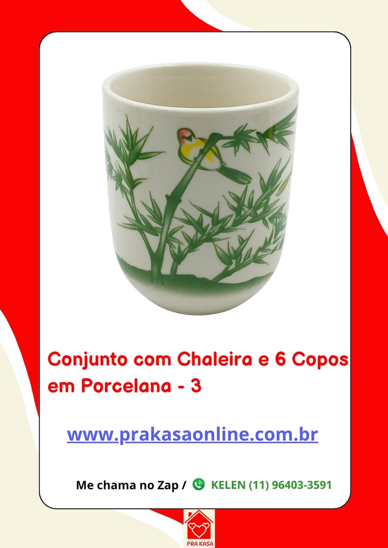Conjunto de Chá em Porcelana Oriental 7 Peças – Chaleira 950 ml + 6 Copos 175 ml com Estampa Floral ou Oriental