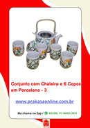 Conjunto de Chá em Porcelana Oriental 7 Peças – Chaleira 950 ml + 6 Copos 175 ml com Estampa Floral ou Oriental