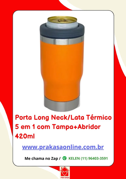 Porta Long Neck/Lata Térmico 5 em 1 com Tampa+Abridor 420ml