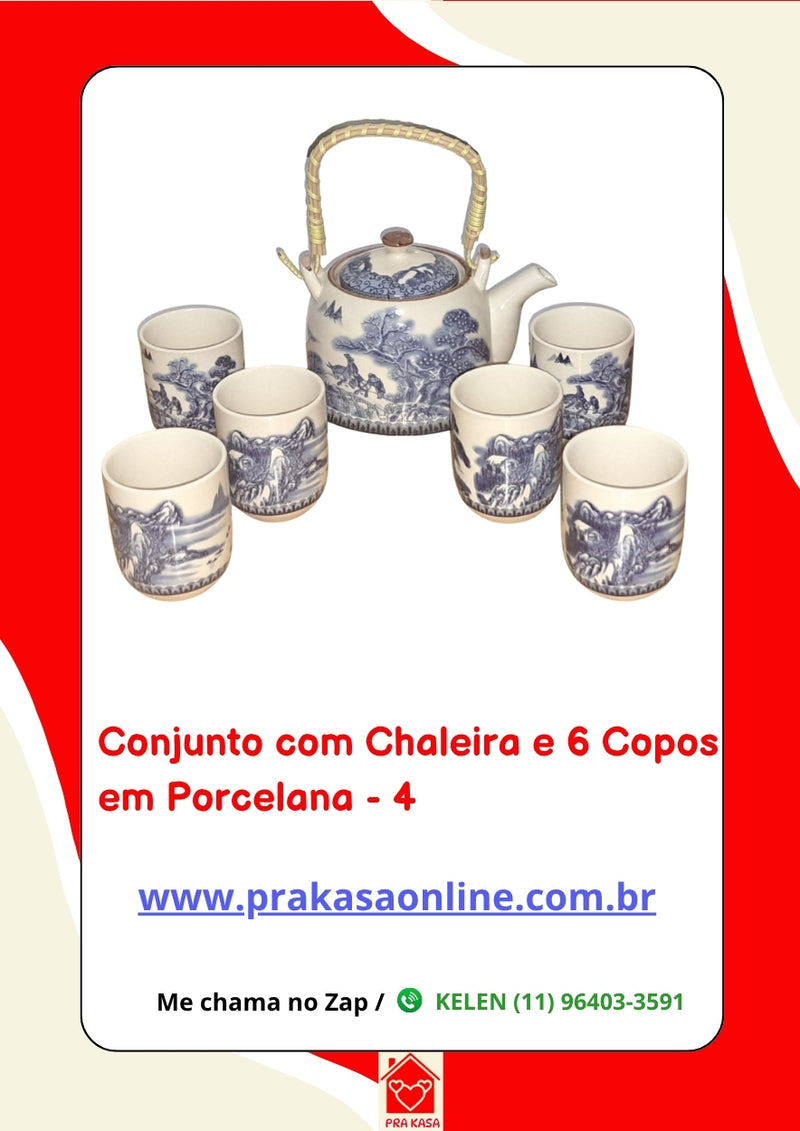 Conjunto de Chá em Porcelana Oriental 7 Peças – Chaleira 950 ml + 6 Copos 175 ml com Estampa Floral ou Oriental