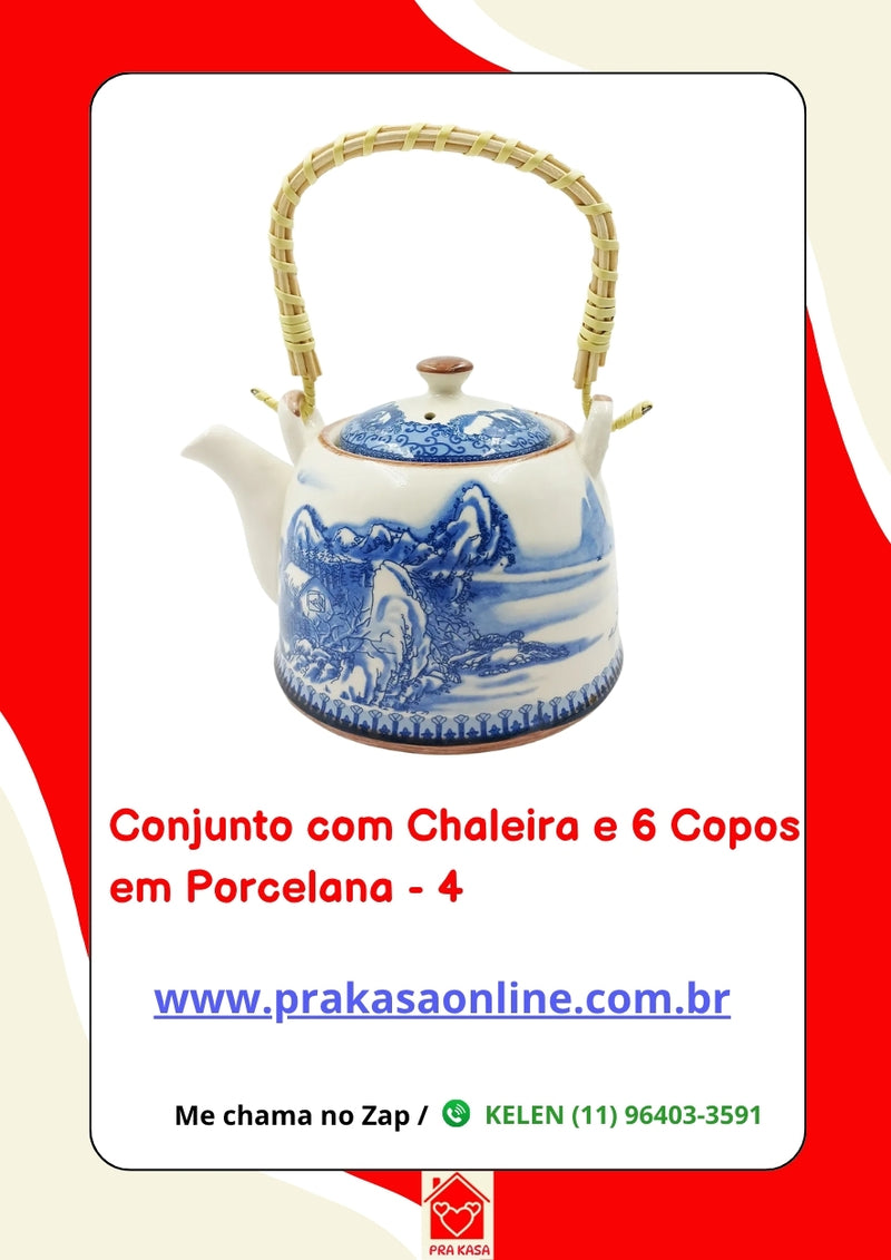 Conjunto de Chá em Porcelana Oriental 7 Peças – Chaleira 950 ml + 6 Copos 175 ml com Estampa Floral ou Oriental