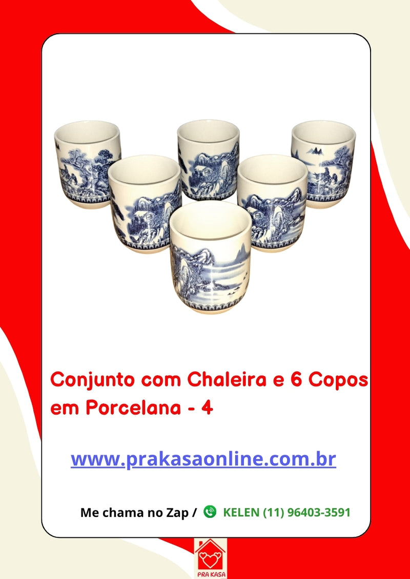 Conjunto de Chá em Porcelana Oriental 7 Peças – Chaleira 950 ml + 6 Copos 175 ml com Estampa Floral ou Oriental