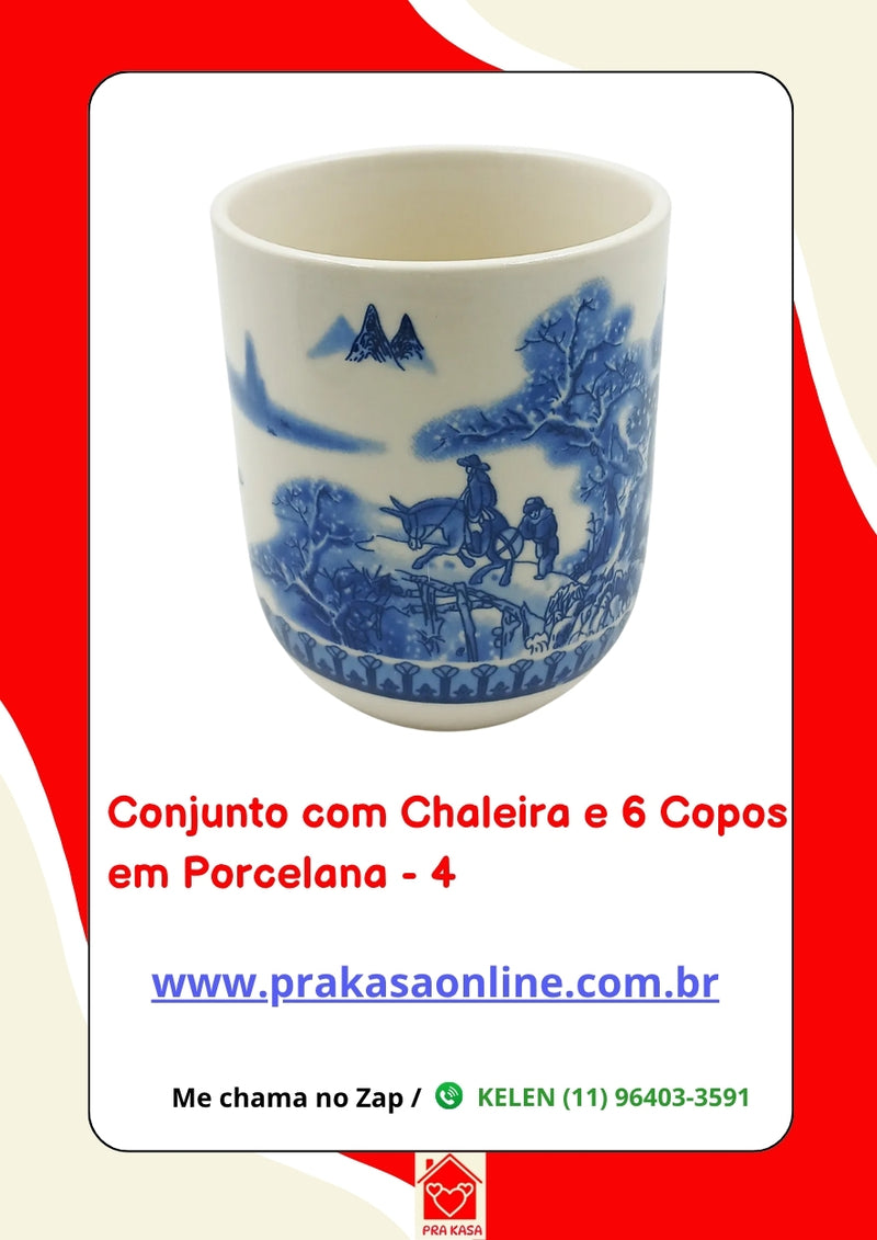 Conjunto de Chá em Porcelana Oriental 7 Peças – Chaleira 950 ml + 6 Copos 175 ml com Estampa Floral ou Oriental