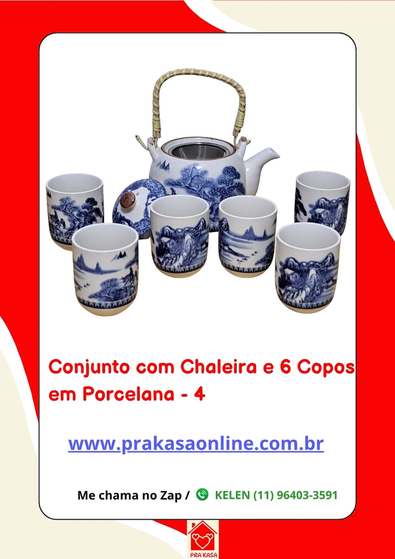 Conjunto de Chá em Porcelana Oriental 7 Peças – Chaleira 950 ml + 6 Copos 175 ml com Estampa Floral ou Oriental