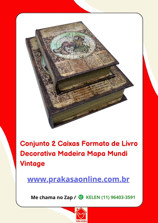 Conjunto 2 Caixas Formato de Livro Decorativa Madeira Mapa Mundi Vintage