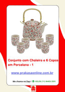 Conjunto de Chá em Porcelana Oriental 7 Peças – Chaleira 950 ml + 6 Copos 175 ml com Estampa Floral ou Oriental