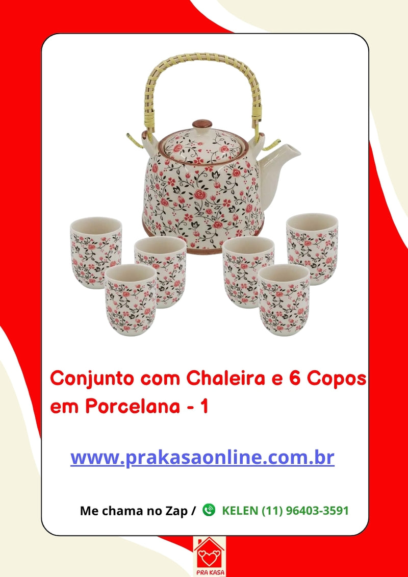Conjunto de Chá em Porcelana Oriental 7 Peças – Chaleira 950 ml + 6 Copos 175 ml com Estampa Floral ou Oriental
