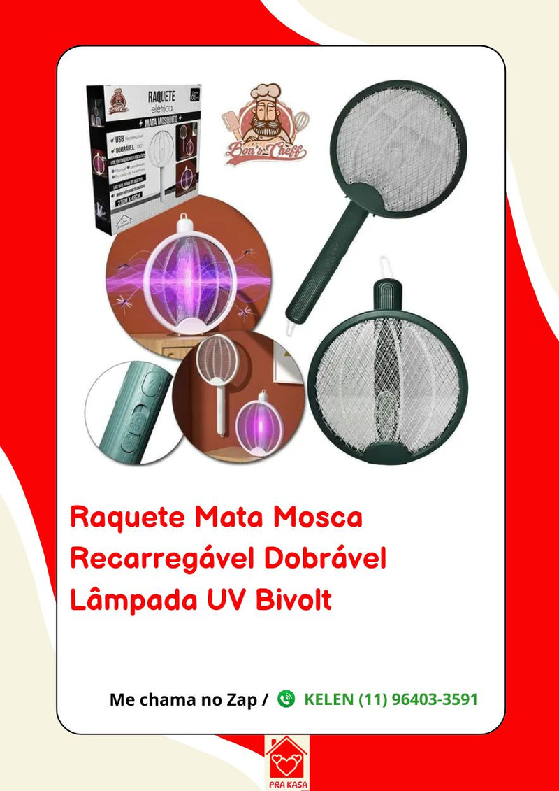 Raquete Elétrica Recarregável Mosquito Automática com Luz UV