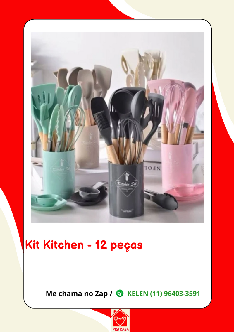 Kit de 12 Peças de Utensílios de Cozinha em Silicone Maciço e Cabo de Madeira