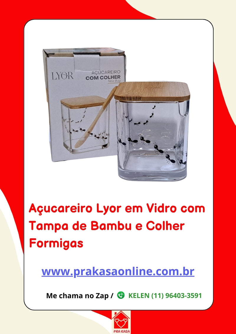Açucareiro Lyor em Vidro com Tampa de Bambu e Colher Formigas