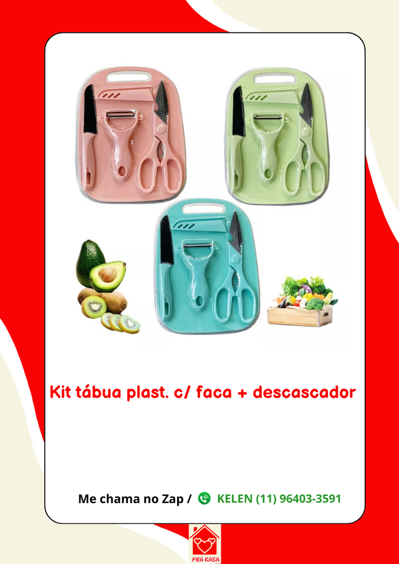 Kit de Cozinha 4 Peças Portátil – Faca, Tesoura, Tábua, Descascador – Cores Pastel