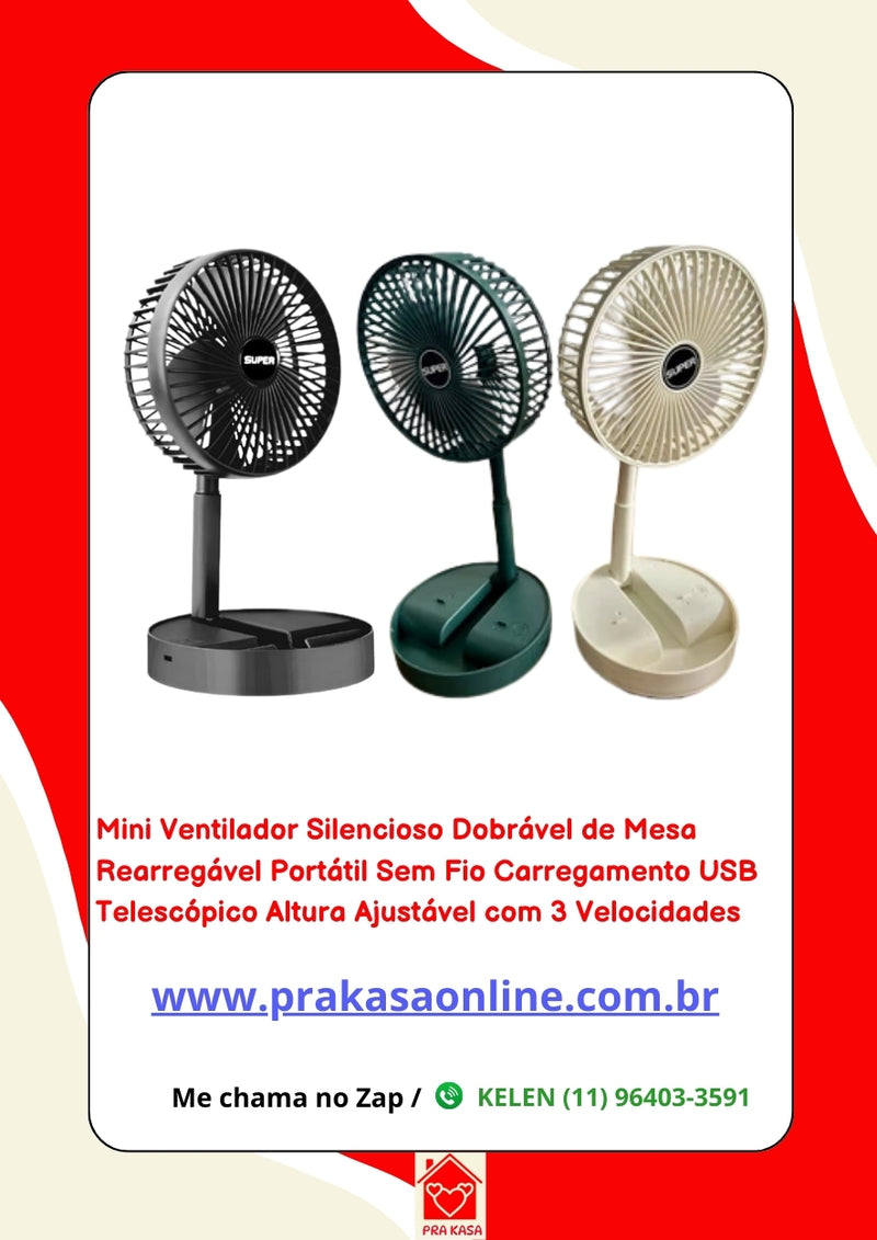 Mini Ventilador Silencioso Dobrável de Mesa Recarregável Portátil Sem Fio Carregamento USB Telescópico Altura Ajustável com 3 Velocidades