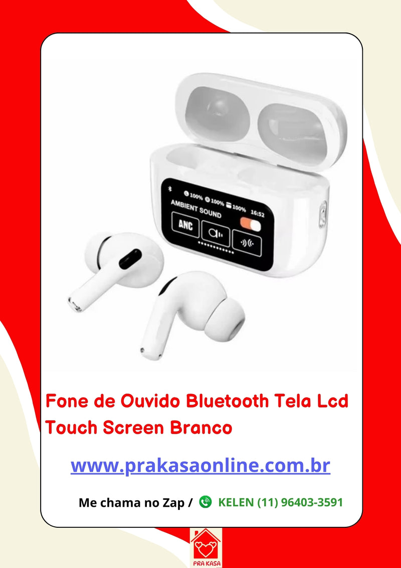 Fone de Ouvido Bluetooth Tela Lcd Touch Screen Branco
