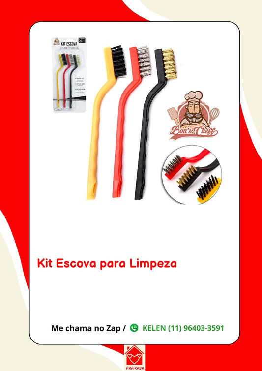 Kit 3 Escovas Limpeza Cerdas em Aço, Latão e Nylon Grelha Cantinho