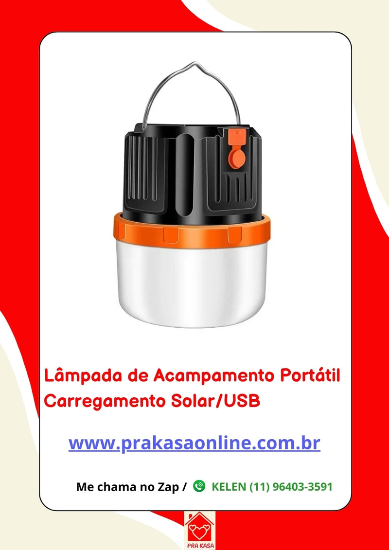 Lâmpada de Acampamento Portátil Carregamento Solar/USB