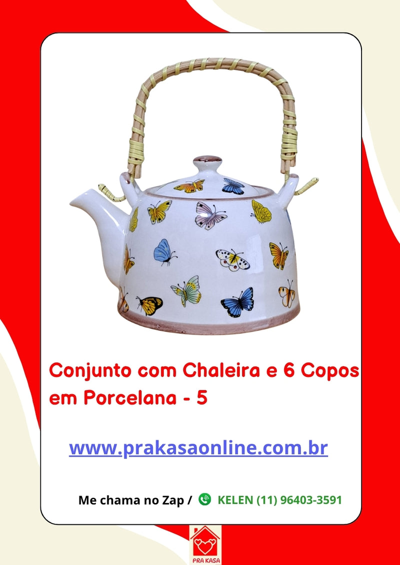 Conjunto de Chá em Porcelana Oriental 7 Peças – Chaleira 950 ml + 6 Copos 175 ml com Estampa Floral ou Oriental