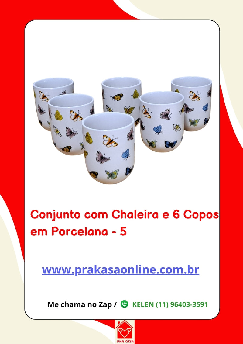 Conjunto de Chá em Porcelana Oriental 7 Peças – Chaleira 950 ml + 6 Copos 175 ml com Estampa Floral ou Oriental