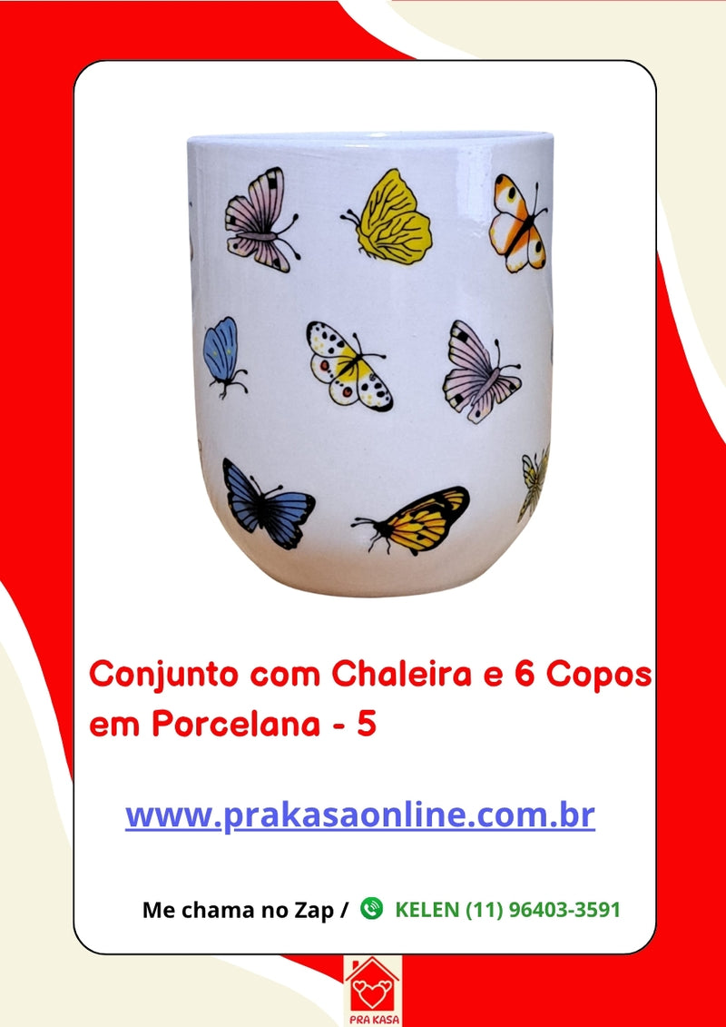 Conjunto de Chá em Porcelana Oriental 7 Peças – Chaleira 950 ml + 6 Copos 175 ml com Estampa Floral ou Oriental