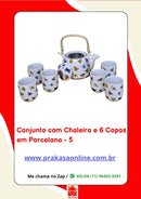 Conjunto de Chá em Porcelana Oriental 7 Peças – Chaleira 950 ml + 6 Copos 175 ml com Estampa Floral ou Oriental