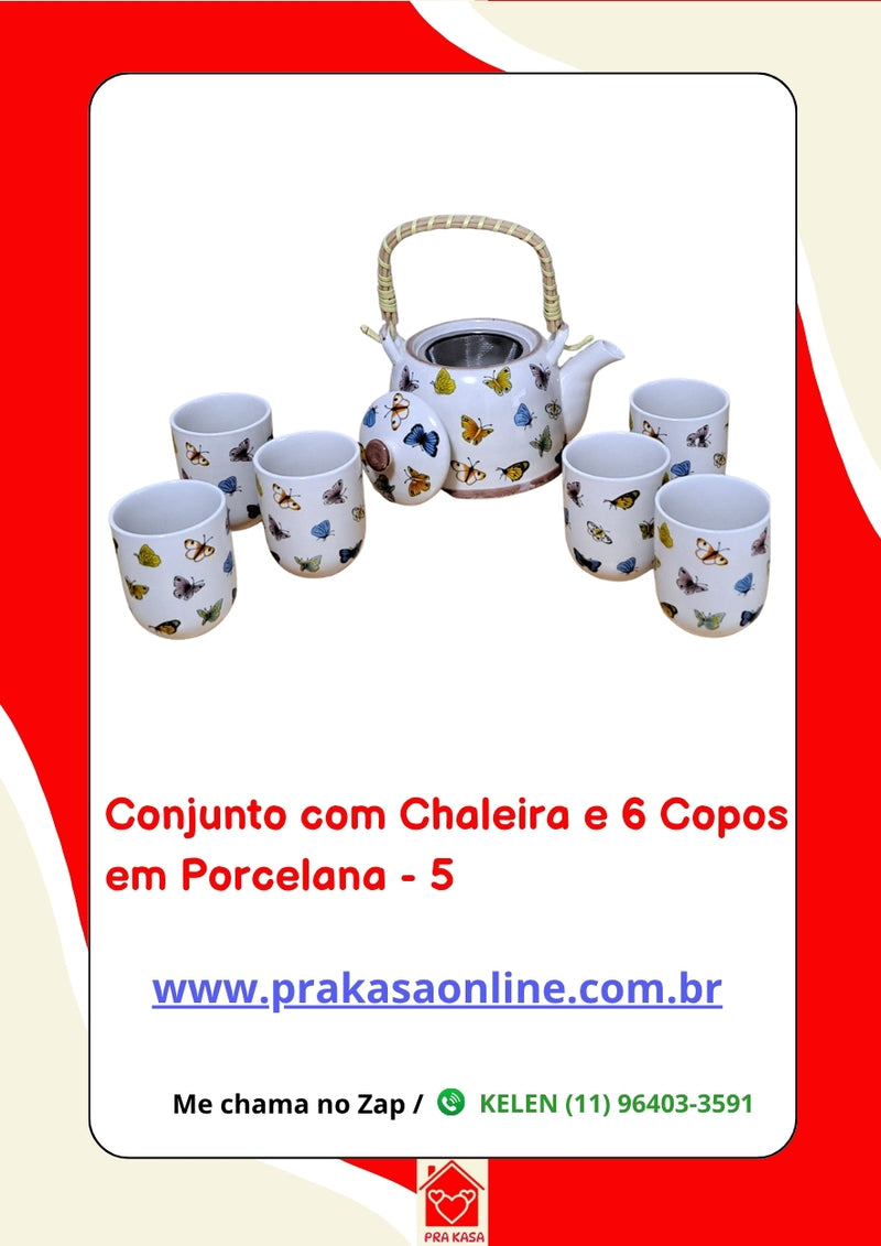 Conjunto de Chá em Porcelana Oriental 7 Peças – Chaleira 950 ml + 6 Copos 175 ml com Estampa Floral ou Oriental