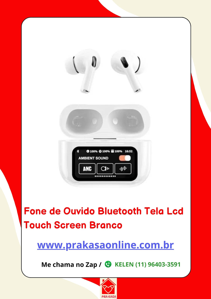 Fone de Ouvido Bluetooth Tela Lcd Touch Screen Branco