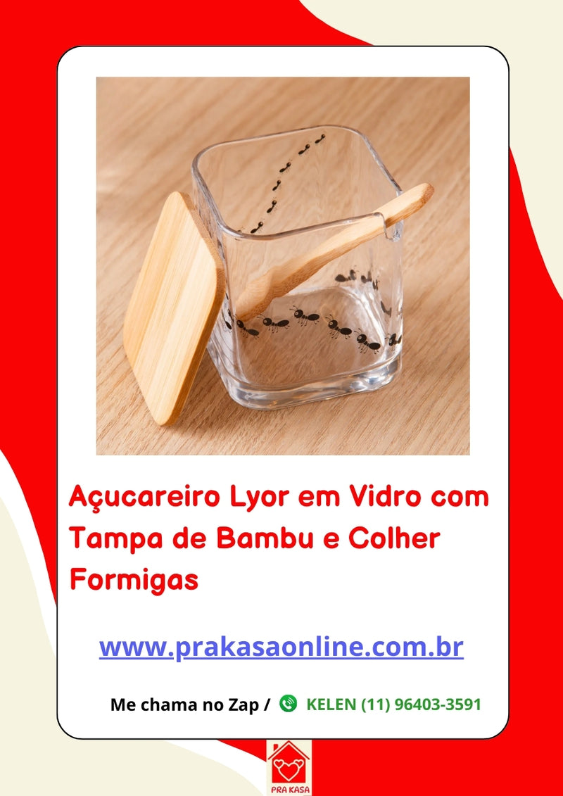 Açucareiro Lyor em Vidro com Tampa de Bambu e Colher Formigas