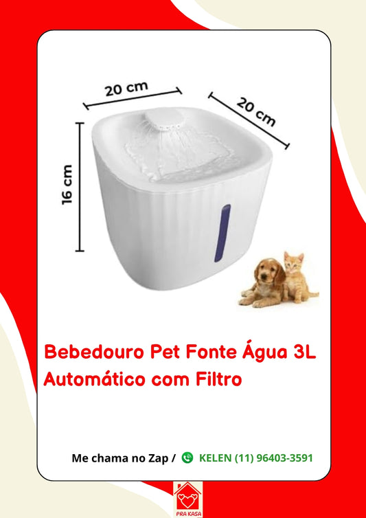 Bebedouro Fonte de Água Elevado Automático com Filtro para Pet - 3L