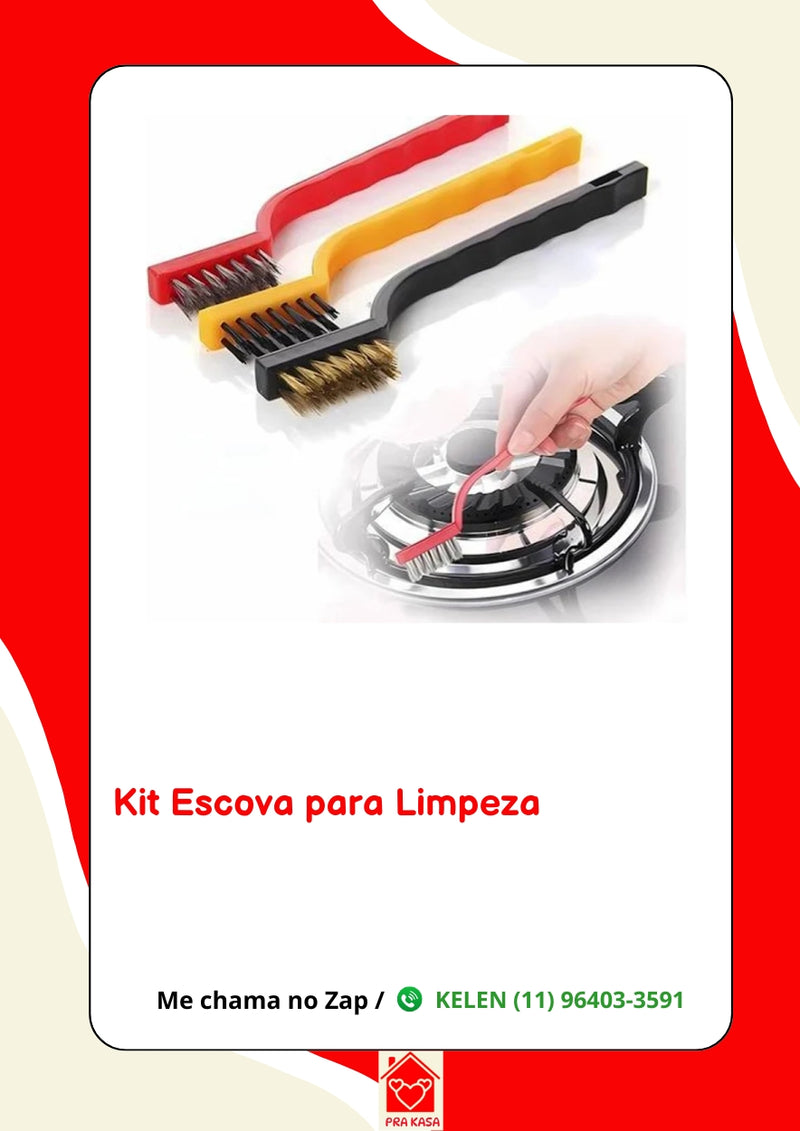 Kit 3 Escovas Limpeza Cerdas em Aço, Latão e Nylon Grelha Cantinho