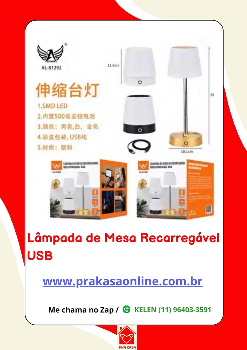 Luminária de Mesa Recarregável USB