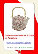 Conjunto de Chá em Porcelana Oriental 7 Peças – Chaleira 950 ml + 6 Copos 175 ml com Estampa Floral ou Oriental