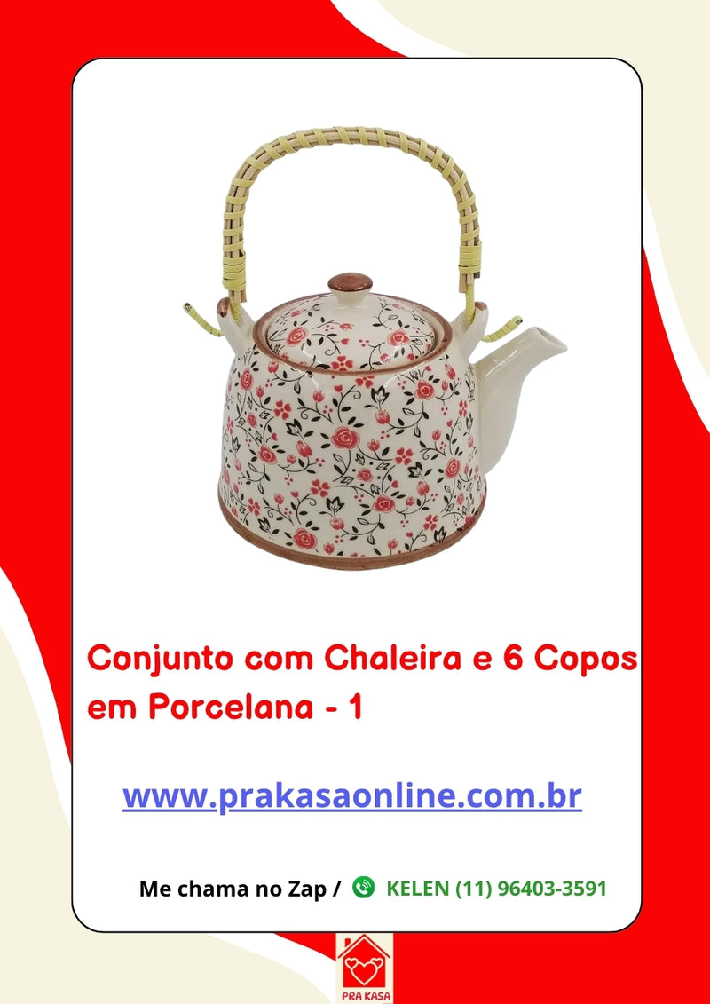 Conjunto de Chá em Porcelana Oriental 7 Peças – Chaleira 950 ml + 6 Copos 175 ml com Estampa Floral ou Oriental