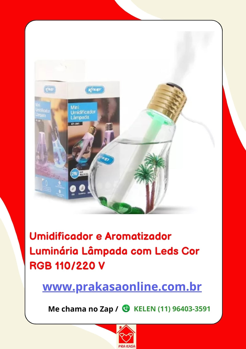 Umidificador e Aromatizador Luminária Lâmpada com Leds Cor RGB 110/220 V