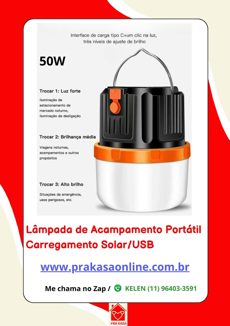 Lâmpada de Acampamento Portátil Carregamento Solar/USB