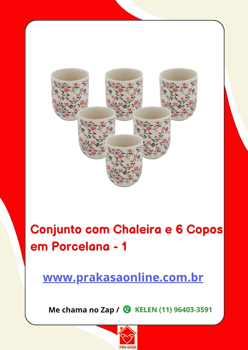 Conjunto de Chá em Porcelana Oriental 7 Peças – Chaleira 950 ml + 6 Copos 175 ml com Estampa Floral ou Oriental