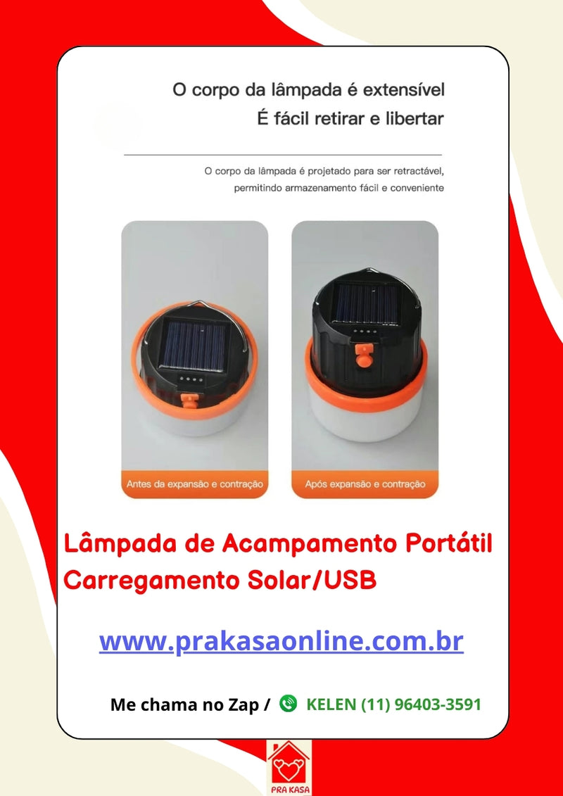 Lâmpada de Acampamento Portátil Carregamento Solar/USB