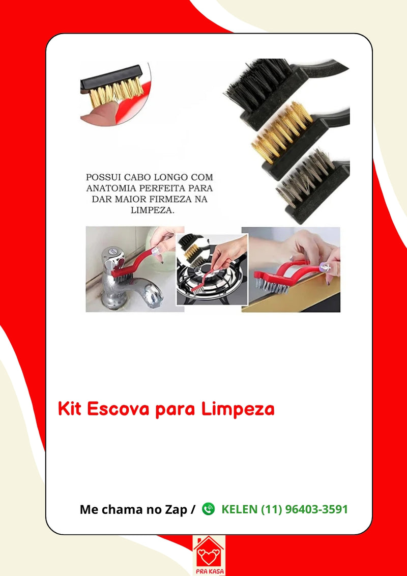 Kit 3 Escovas Limpeza Cerdas em Aço, Latão e Nylon Grelha Cantinho