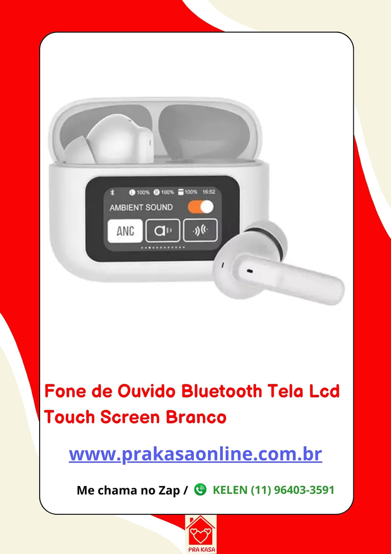 Fone de Ouvido Bluetooth Tela Lcd Touch Screen Branco